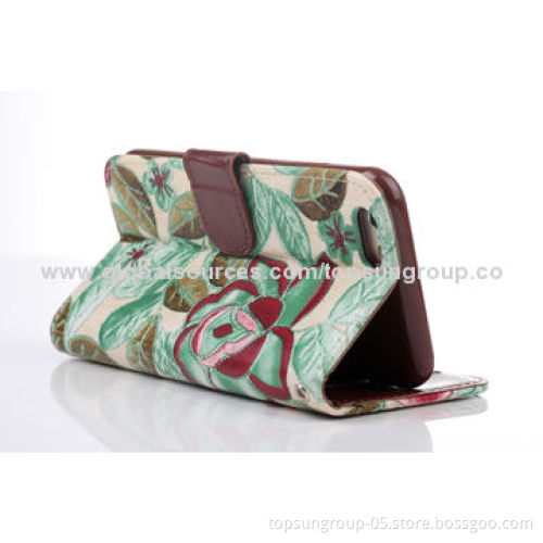 PU Leather Cases for iPhone 6, Floral Pattern with Card Slots and Hanging Rope